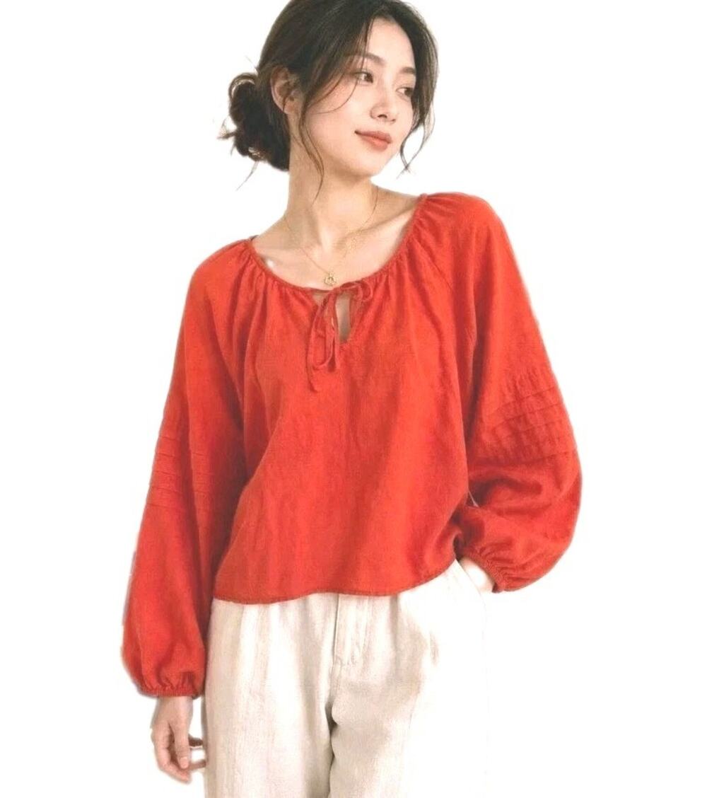 Velvet Heart~Woman Sz M~Orange 100% Linen Peasant Blouse Balloon Sleeve Boho NEW